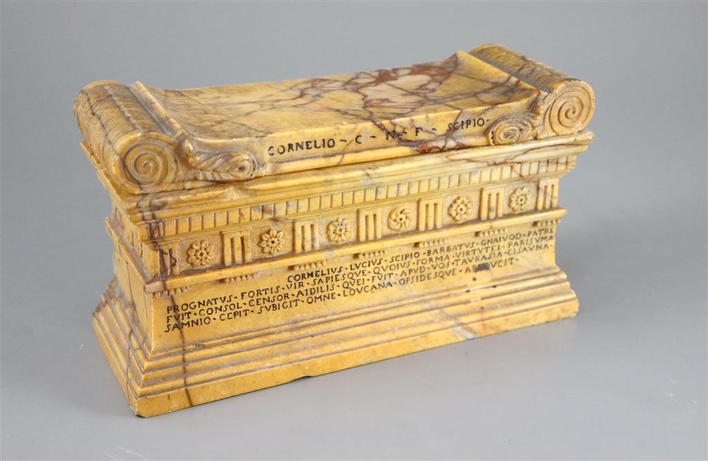 A Grand Tour Sienna marble model of The Tomb of Cornelius Lucius, width 8.25in depth 3in. height 4.5in.